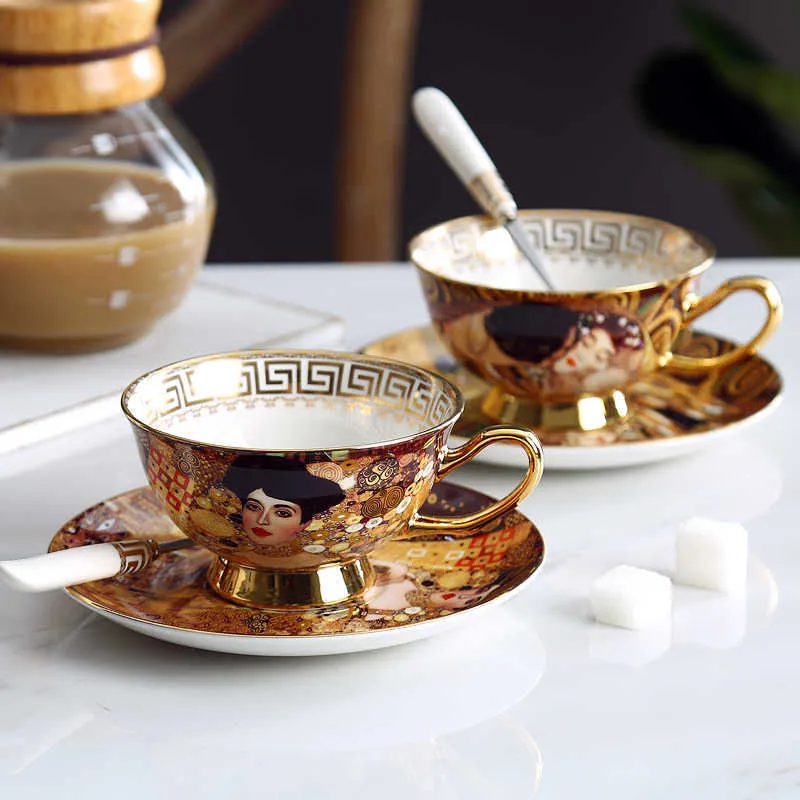 Coffee Cup Set Gustav Klimt Bone China Ceramic Tea Set Klimt Kiss Luxury cadeaus Porselein drinkware theekopjes met lepel