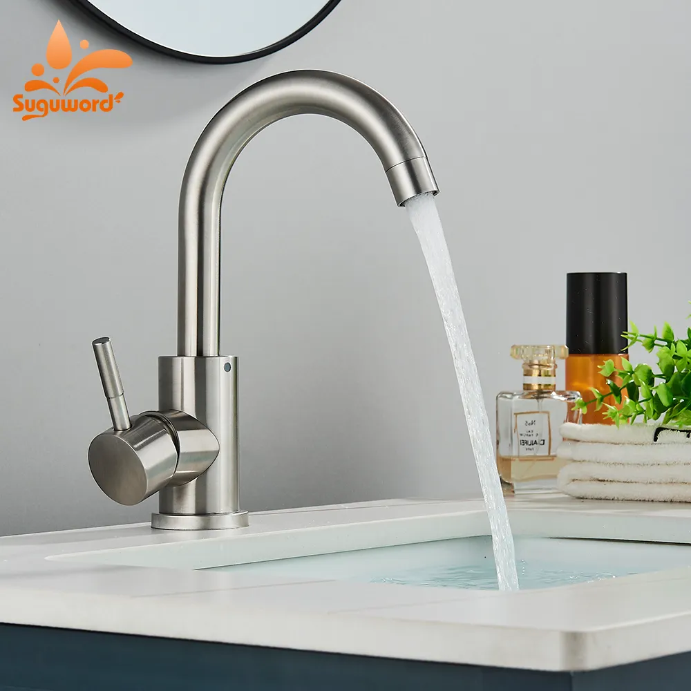 Bathroom Sink Faucets Suguword Bathroom Basin Faucet Stainless Steel Cold Wash Mixer Crane Tap Rotation Sink Faucets Single Handle 230311