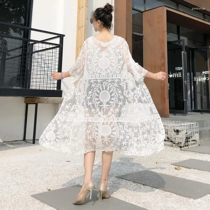 Women's Blouses Sheer Embroidered Lace Long Kimono Cardigan Women Summer Holiday Beach Open-Front Cover-Up Korean Elegant Ladies White Shirt