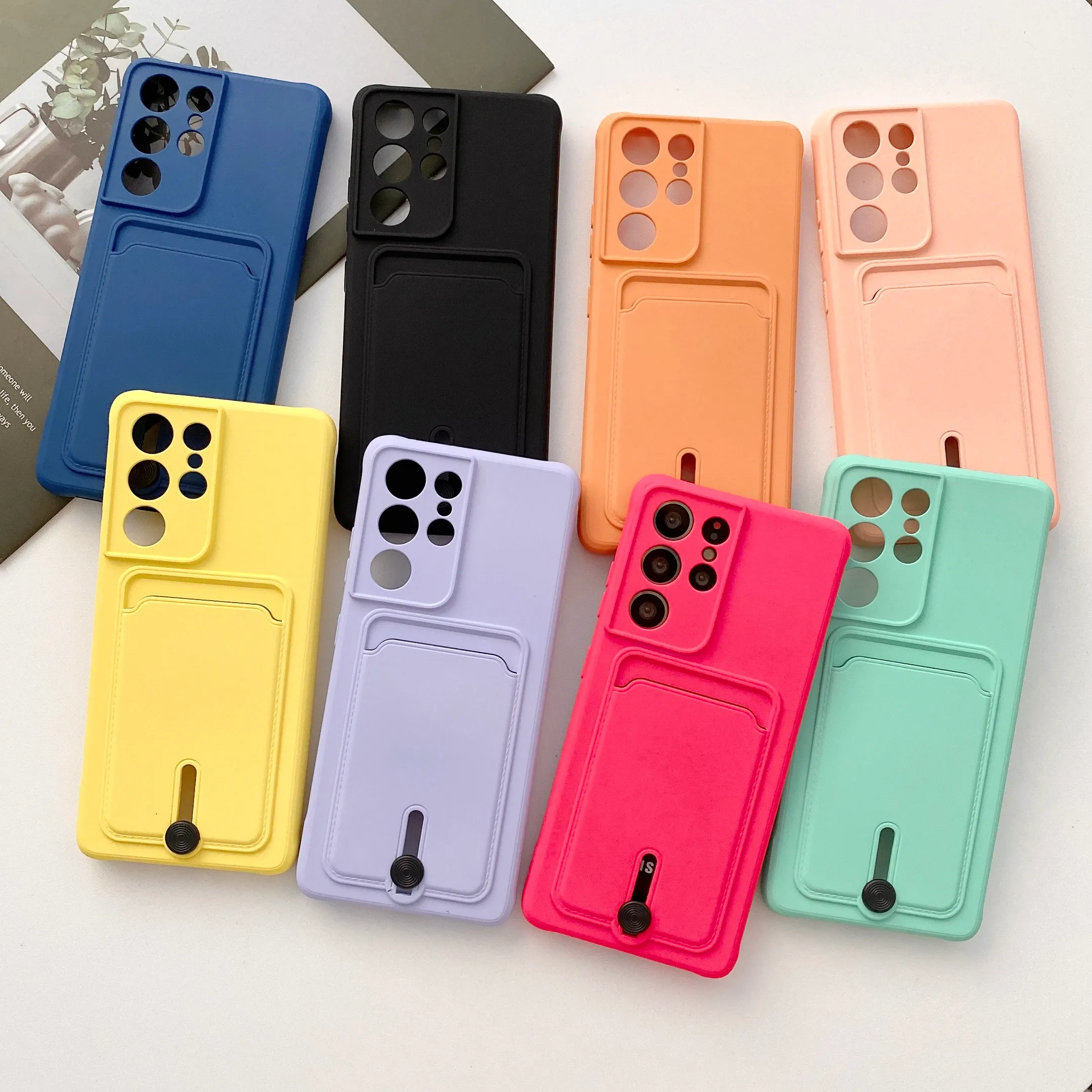 TPU Wallet Card Slot Candy Color Cases Slide Shockproof Camera Lens Protection Cover voor Samsung S21 Fe S22 Plus S23 Ultra A13 A23 A33 A53 A12 A22 A32 A52 A72 A51 A71 A71 A21S