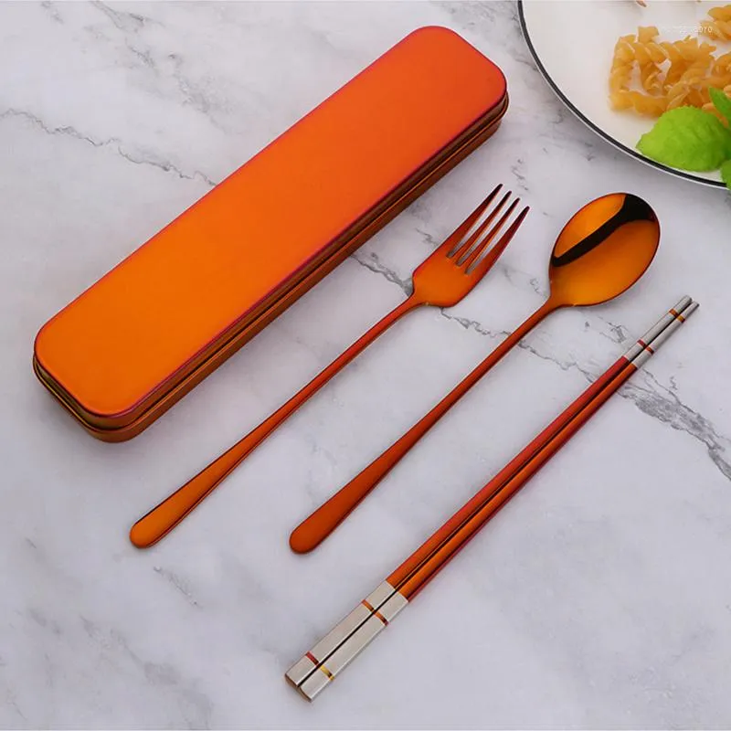 Dinnerware Sets Portable Stainless Steel Spoon Fork Chopsticks Set With Cutlery Box Flatware Korean Creative Travel Tableware