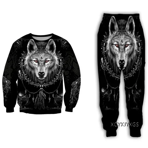 Män och kvinnor 3D -tryckt svart varg Casual Clothing Fashion Sweatshirt och byxor tränar A170