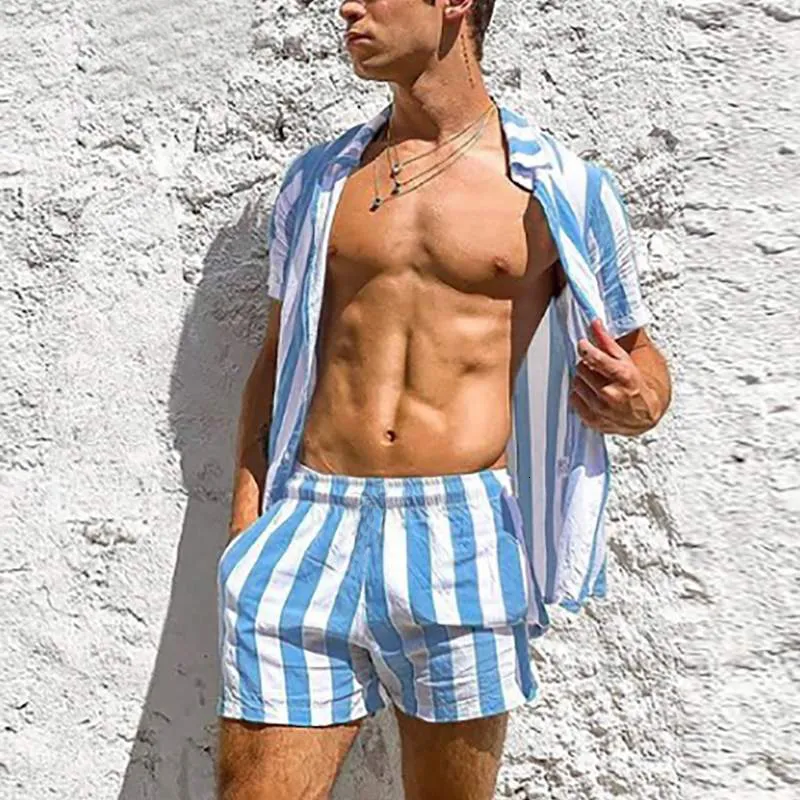 Parcours Hommes Hawaiian Sets Summer Stripe Impring Short Shirts Butt Short Two Set Casual Holid Trip Men's 2 Piece 230311