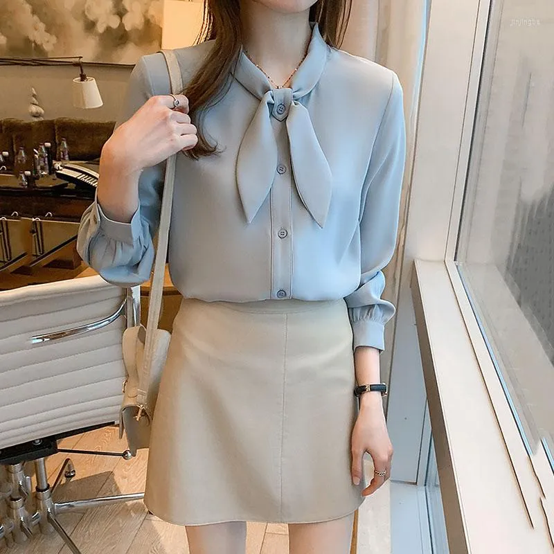 Kvinnors blusar Elegant Bow Tie Women Shirt Spring Autumn Ladies Solid Long Sleeve Chiffon Shirts Casual Vintage Tops