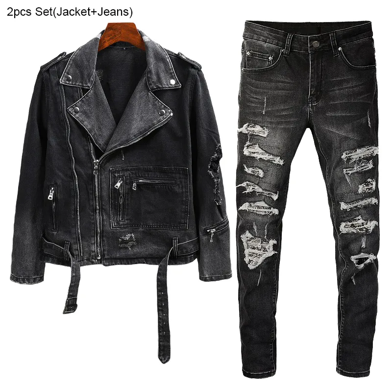 Zwart tracksuit gescheurde gat pants sets voor mannen punk slanke ritsontwerp denim jas en stretch jeans vintage tweedelige herenkleding