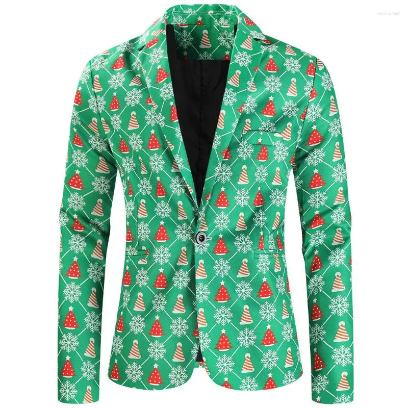 Abiti da uomo Albero di Natale Stampato Blazer verde Giacca per uomo Blazer classico a un bottone Slim Fit Hombre Xmas Party Stage Suit Outwear