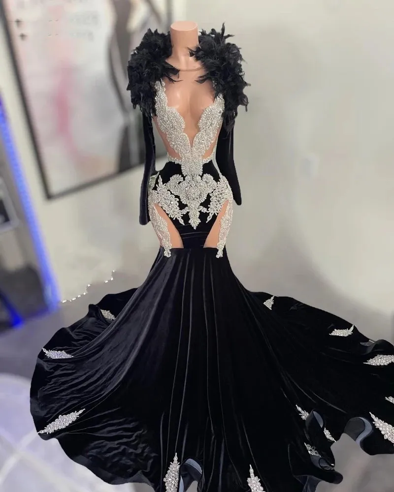 Black Veet Prom Dresses For African Women Crystal Beading Mermaid Party Gowns Long Sleeve Vestidos De Graduacion