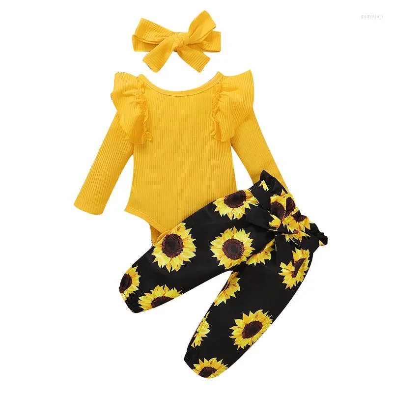 Ensembles de vêtements 0-24M né enfant en bas âge bébé fille jaune ensemble de vêtements solide à manches longues barboteuse haut Sunfloral imprimé pantalon bandeau