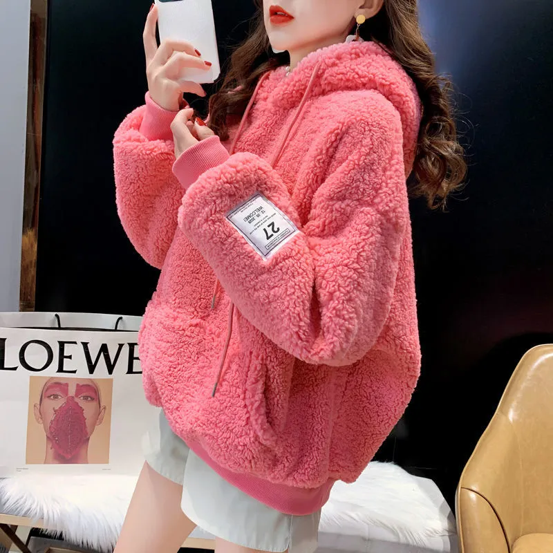 Women's Hoodies Sweatshirts Autumn Winter Korean Teddy Bear Fur Hooded Harajuku Clothes For Women Sweatshirt Woman Y2k Streetwear 230311