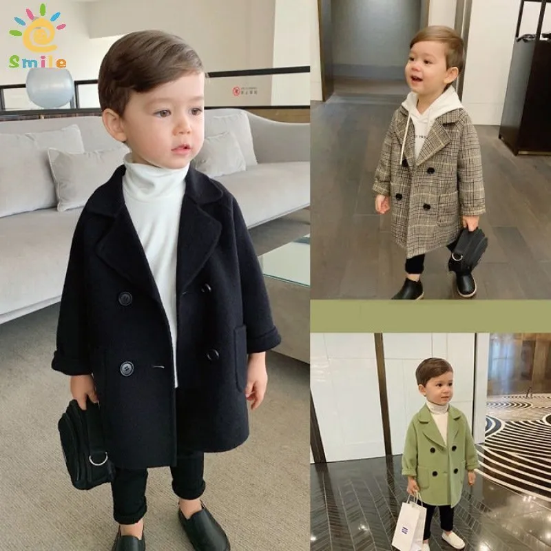 Coat Spring Grid Jackets Boy Girls Woolen Long Double Breasted Warm Infant Toddle Lapel Tweed Autumn Baby Overcoat 230311