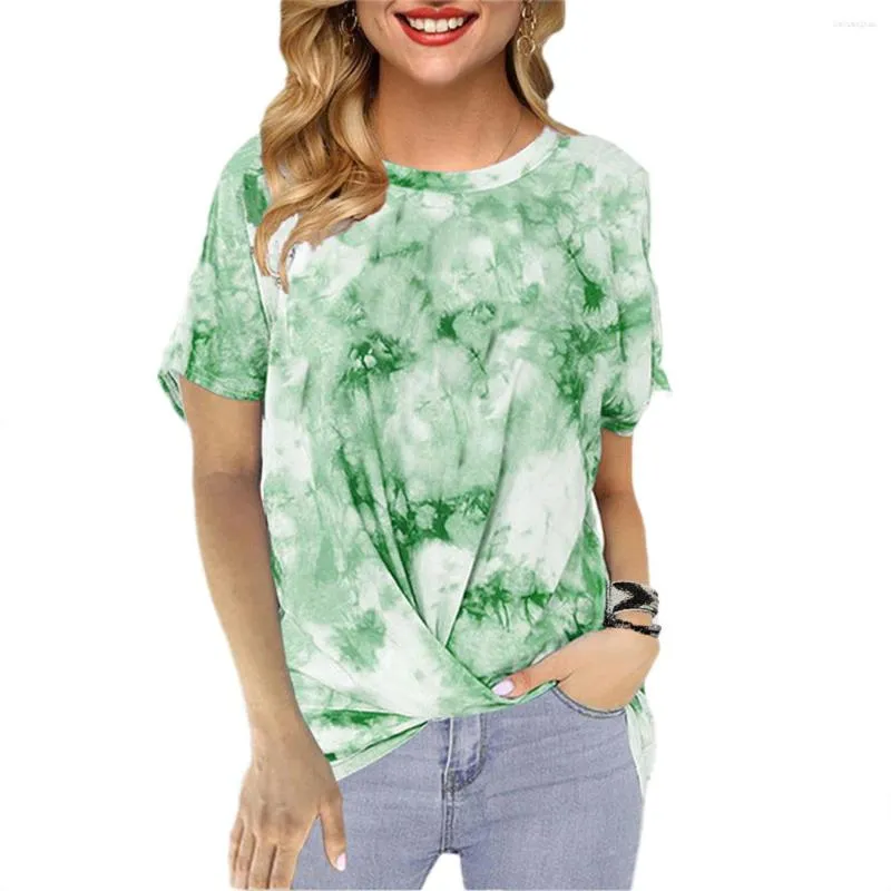 Kvinnors T -skjortor Twist Knie Tie Dye Shirt Women Gradient Round Neck Hem Topps Casual Short Sleeve Tee