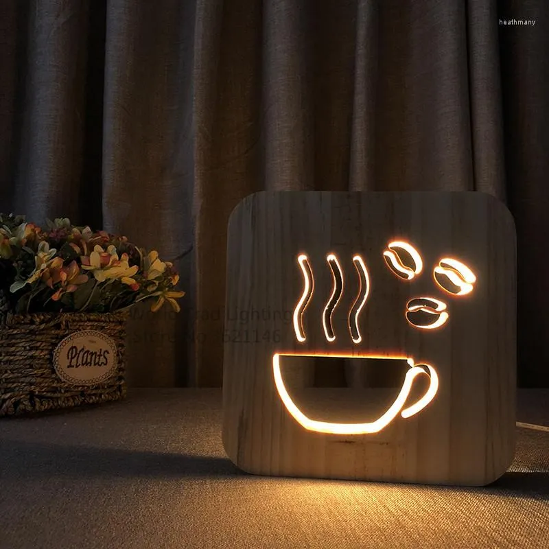 Night Lights Creative LED Wood Light A Cup Of Coffee Tea Style Luminaria Fashion Lamp For Shop Restaurant Dining Room Decoration