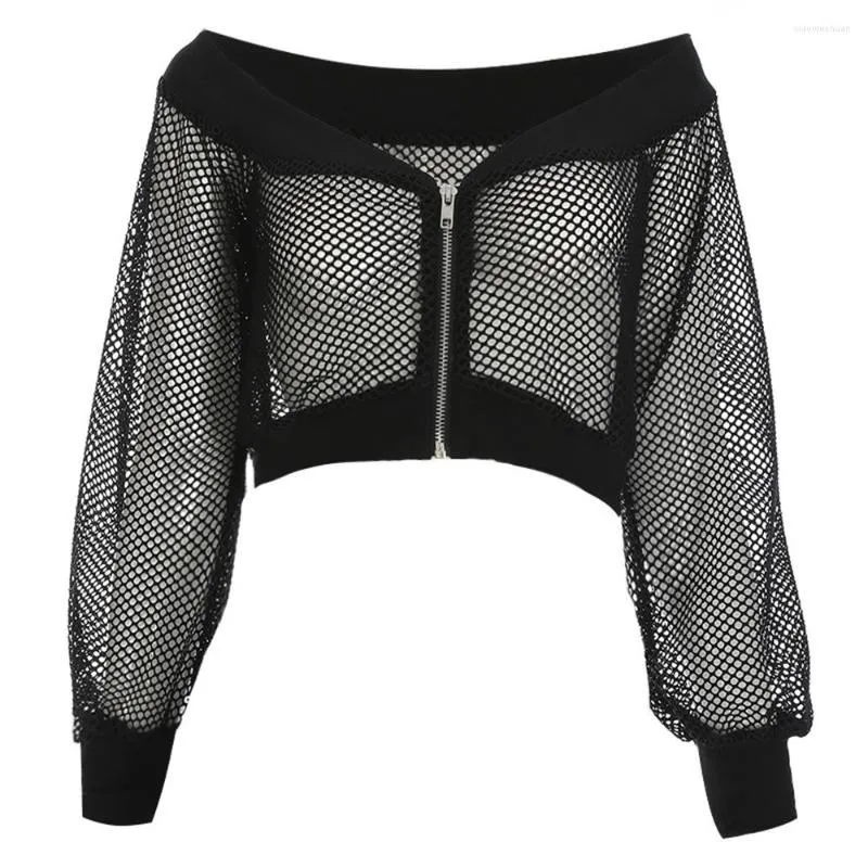 Bluzki damskie Fanco gotycka seksowna krótka kobiety bluzka czarna siatka Wygląda na cięcie szyi na pusty na ramię z długim rękawem Club Street Goth