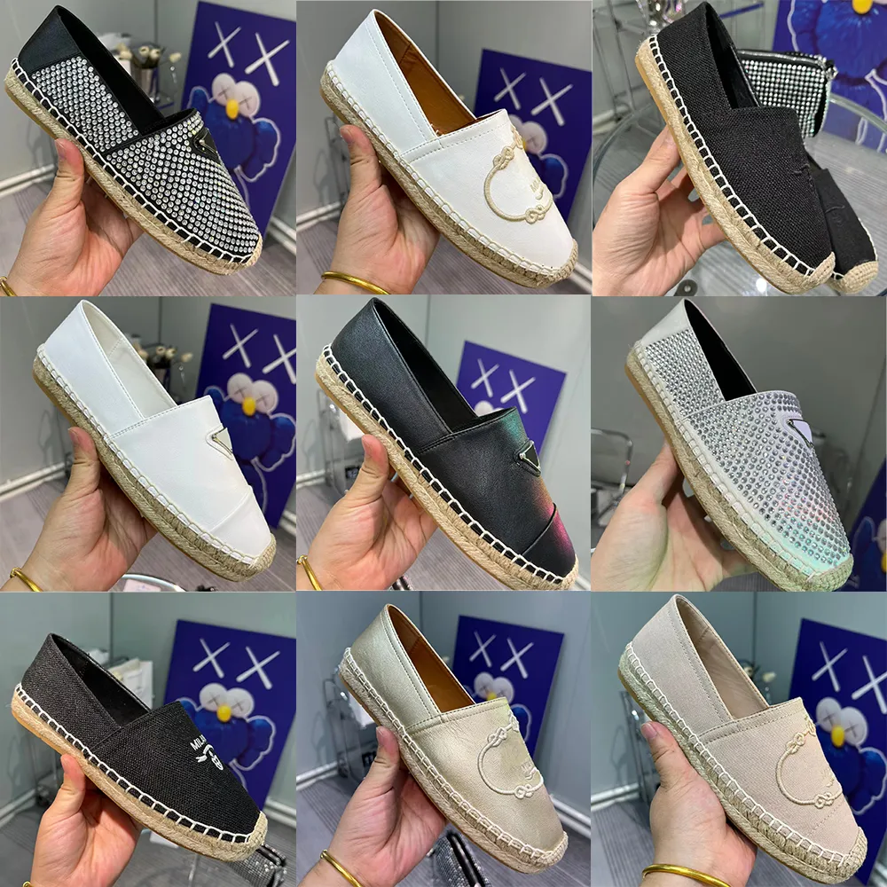 p Branded Triangle Women Casual Shoes Flat Espadrilles Bling Crystal Womens Ladies Fisherman Shoes Sandals Summer Metal Knit Weave Sole Canvas Shoes 35-40