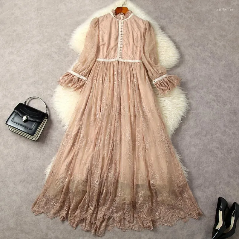 Casual Dresses Elegant Dress Woman S-XL 2023 Spring Cute Fairy Stand Collar Flare ärmar Slimming A-Line Princess Lace Ankel längd