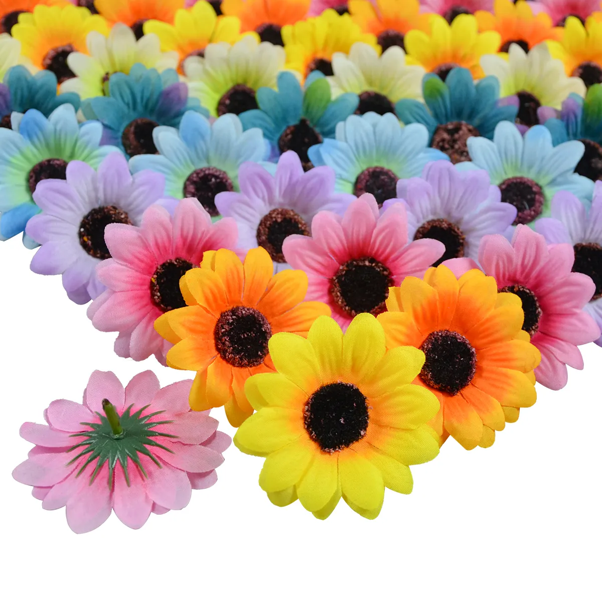 100 PZ 7 CM Testa di Girasole Artificiale Fai Da Te Fiore di Cerimonia Nuziale Headware Accessori Pecorazione Del Partito Decorazioni di Nozze Fiori Artificiali Migliore qualità