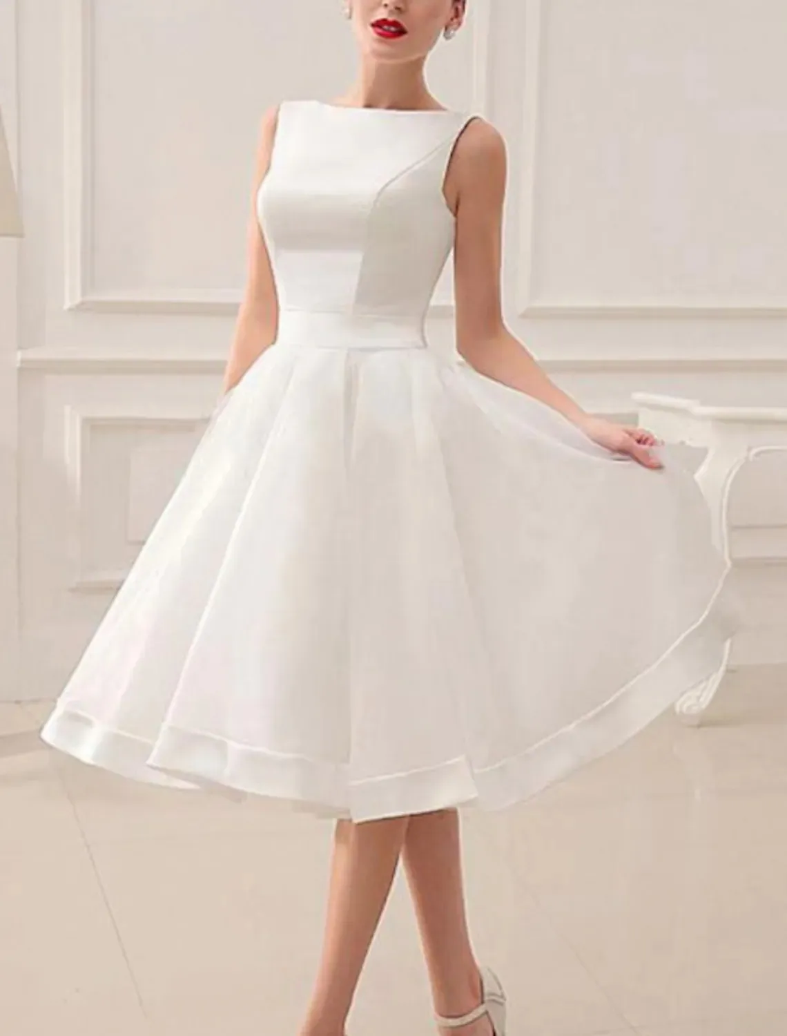 Vintage A Line Reception Dress with Jewel Neckline, Knee Length Satin Fabric, Bow Back, and Backless - Perfect for Boho Bride Party - 2023 Collection