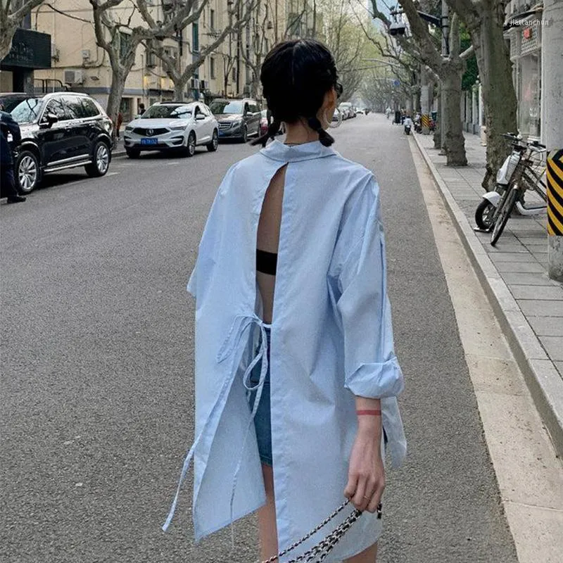 Women's Blouses Oversized Summer Shirt With Back Opening And Closing Women's Long Casual Top Light Thin Long-sleeved Y2K Sexy Backless