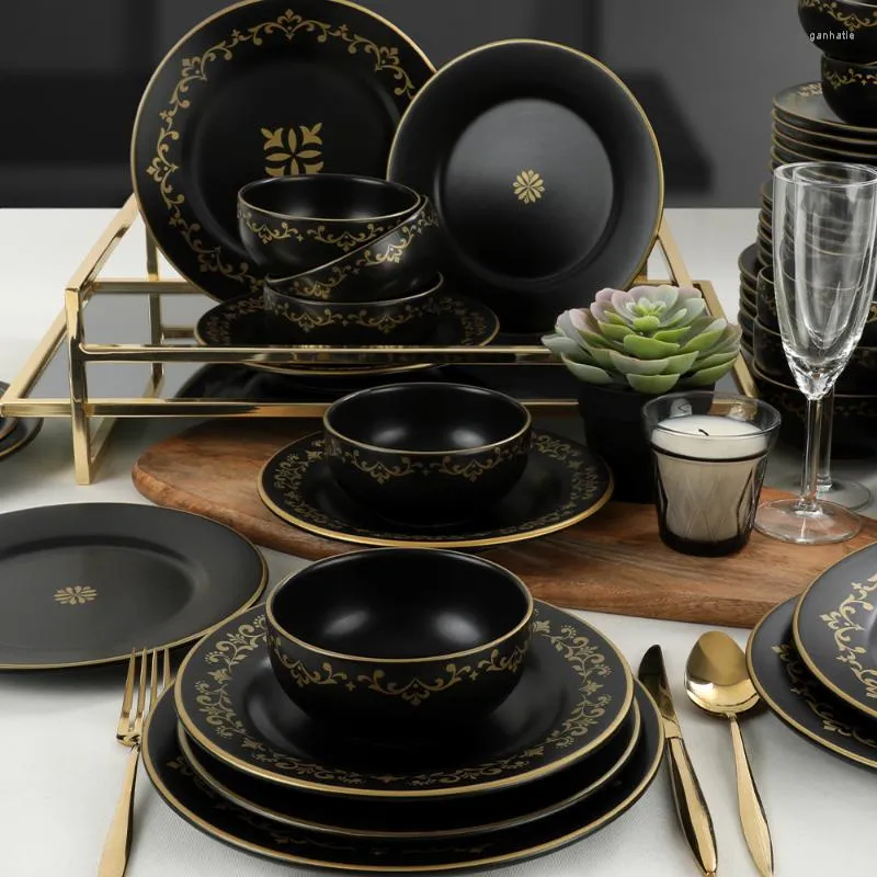 Dinnerware Sets Riva Matte Black Gold Set 48 Pieces For 12 Persons - Sopu Bowls Dinner Plates Serving Cake -Giftable