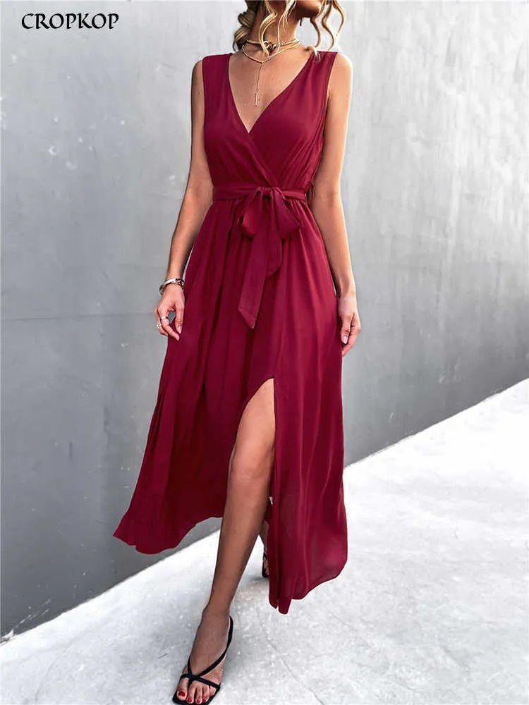 Casual Dresses Summer Elegant Long Dress Women Sexy Wrap Bandage Big Hem Slit Holiday Beach Dress Casual V Neck Black Tank Dresses 2022 New G230311