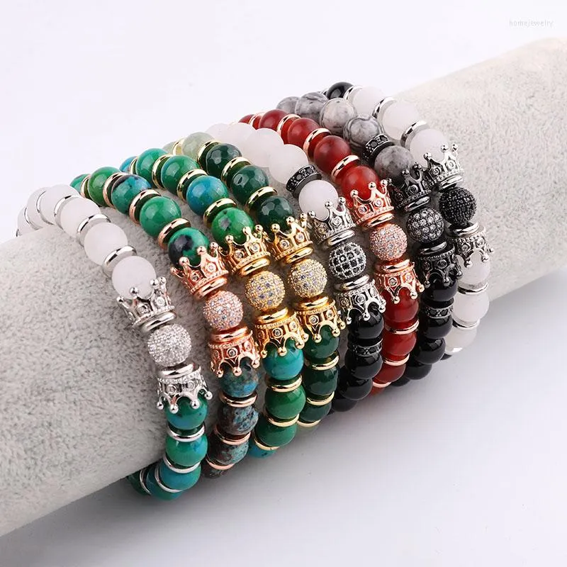 Strand Drop Design Pierre Naturelle Agate Jade Perles CZ Pave Couronne Charme Personnalisé Bracelet Élastique Femmes Bijoux Cadeau