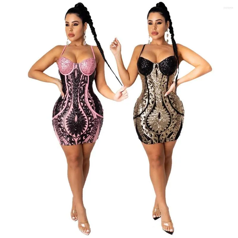 Vêtements ethniques robe de pansement femmes été Mini moulante rose Sexy bretelles paillettes col en v discothèque fête bal Vestido Club