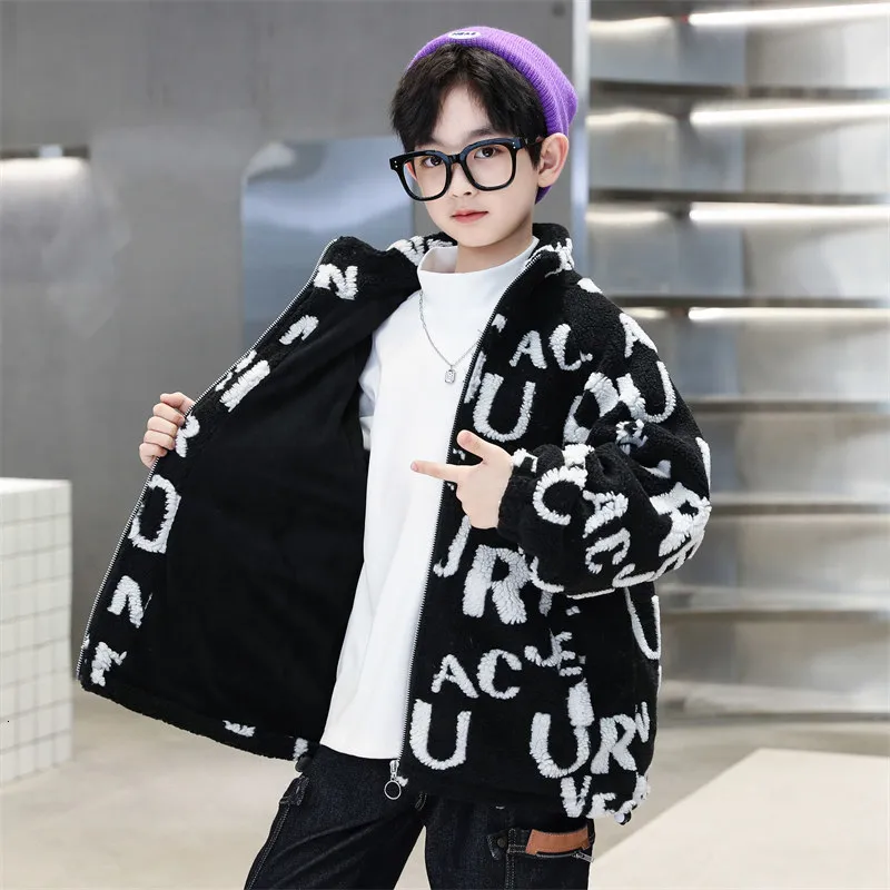 Teenage Boys 2024 Winter Fleece Jacket Warm Thick Cotton Letter Print Coats