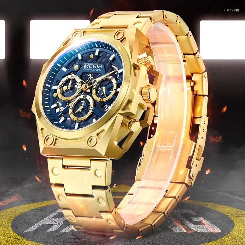 Orologi da polso MEGIR Orologi al quarzo in acciaio inossidabile oro Orologi sportivi da uomo Cronografo casual luminoso impermeabile per uomo Relogio Masculino