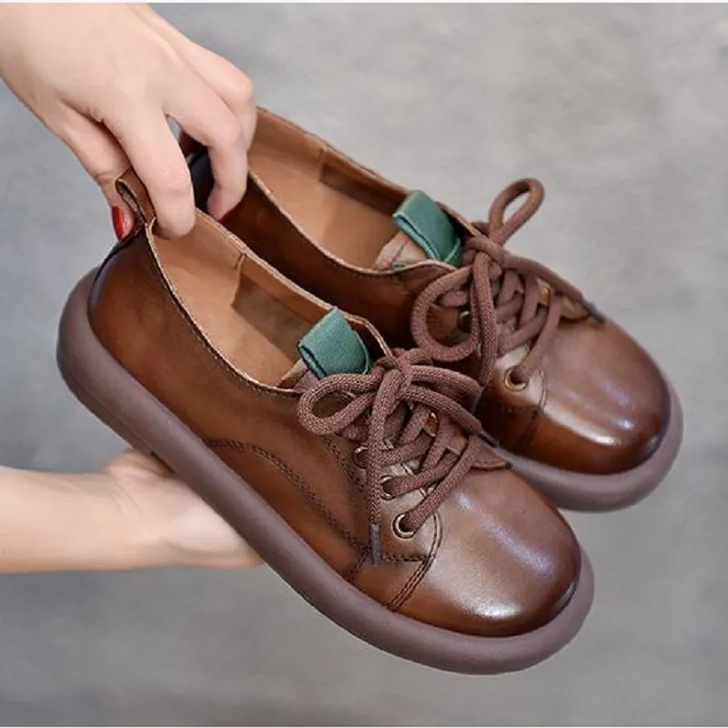 2023 Spring Nieuwe Cowhide Casual Single Shoes Women Rubber Soft Soft Loz-Up Leather Retro Flat Shoes D2A42