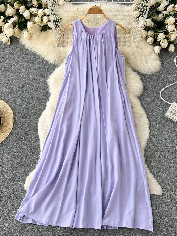 Casual Dresses ZCWXM Purple Beach Maxi Dress Women Party Loose Tank Sleeveless O-neck Robe Office Ladies Korean Solid Boho Long Elegant