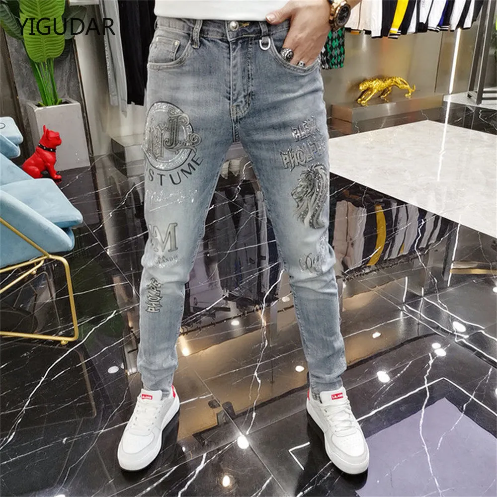 Мужские джинсы высококачественная серая растяжка Slim Fit Designer Design Decor Casual Sexy Street Men Clothing 230313