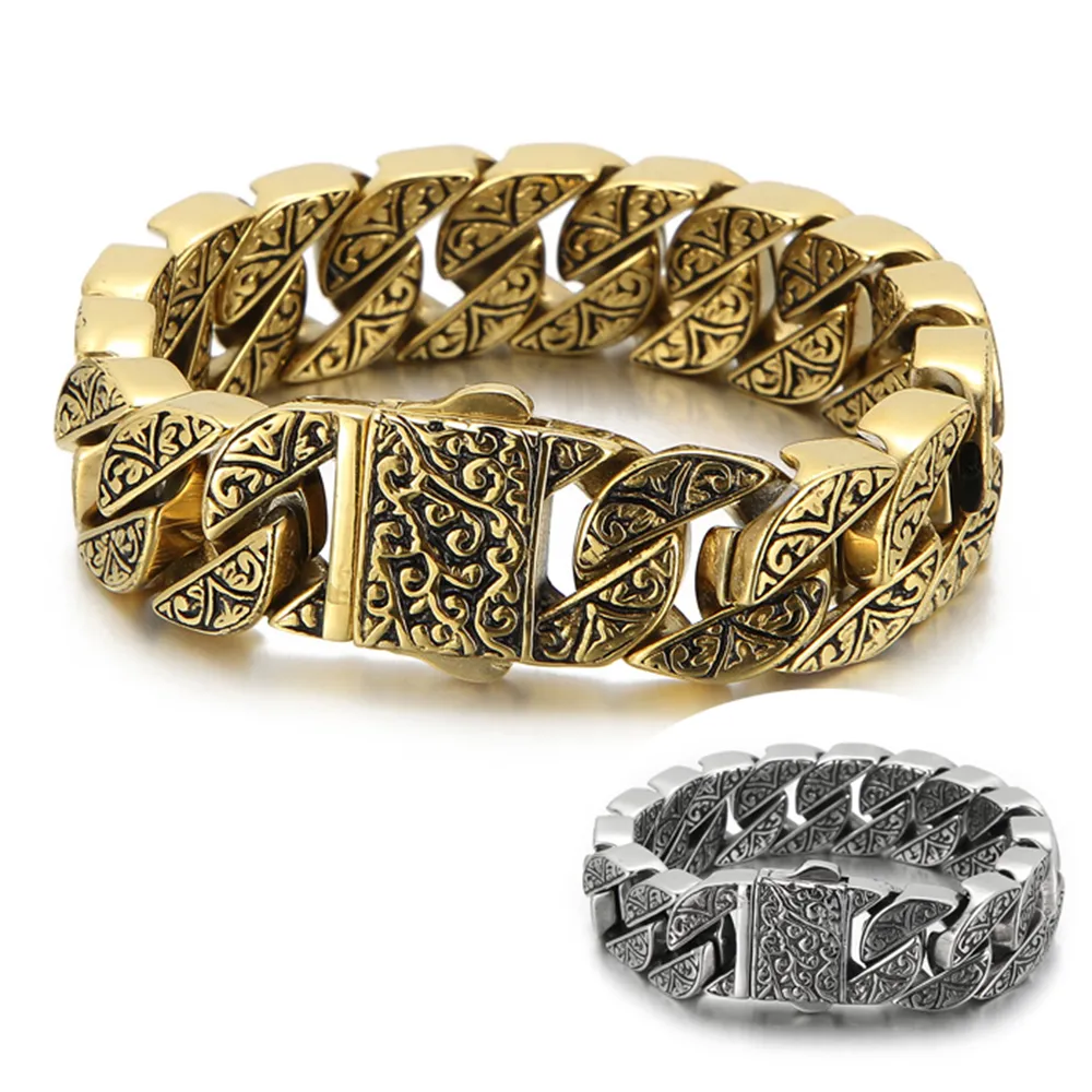 Vintage 17mm Cuban Curb Link Chain mens bracelet in Gold and 