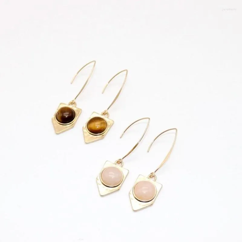 Dangle Earrings FYSL Light Yellow Gold Colors Geometric Shape Tiger Eye Stone Rose Pink Quartz Jewelry