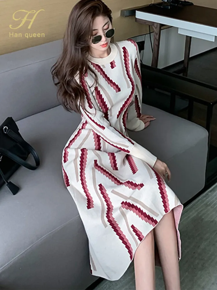 Casual Dresses H Han Queen Autumn Winter Elastic Knitted Dress Women A-Line Bottoming Sheath Sweater Dresses Chic Party Office Casual Vestidos 230313