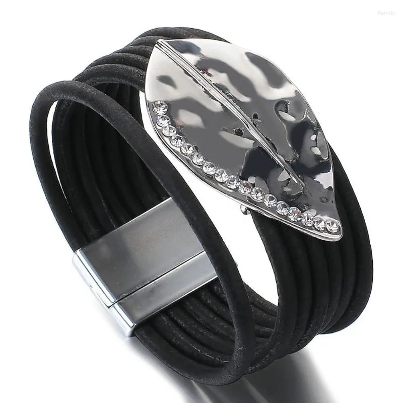 Bracelets de charme Amorcome Punk Alliage Strass Feuille Bracelet Bohème Noir En Cuir Aimant Boucle Bracelets Pour Femmes Filles Cadeau