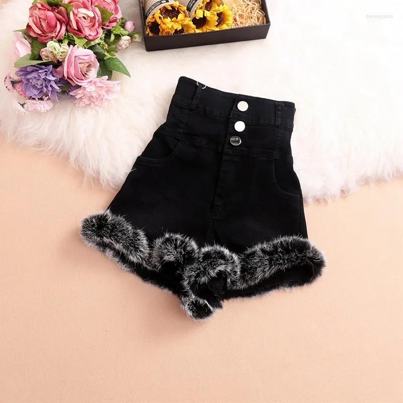 Jeans femme 2023 hiver taille haute fourrure Denim Shorts femmes vêtements fourrure confortable mince tout assorti bande latérale femme