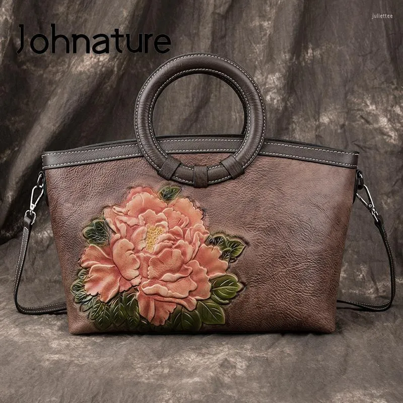 Abendtaschen Johnature Echtes Leder Luxus Handtaschen Frauen Tasche 2023 Retro Natur Rindsleder Handgemachte Prägung Schulter Crossbody