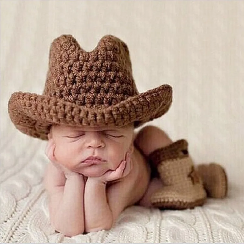 Bonés Chapéus nascido Menino Crochê Cowboy Roupas Pography Adereços Infant Baby Po Shoots Malhas Roupas Traje Chá de Bebê Presente foto Prop 230313