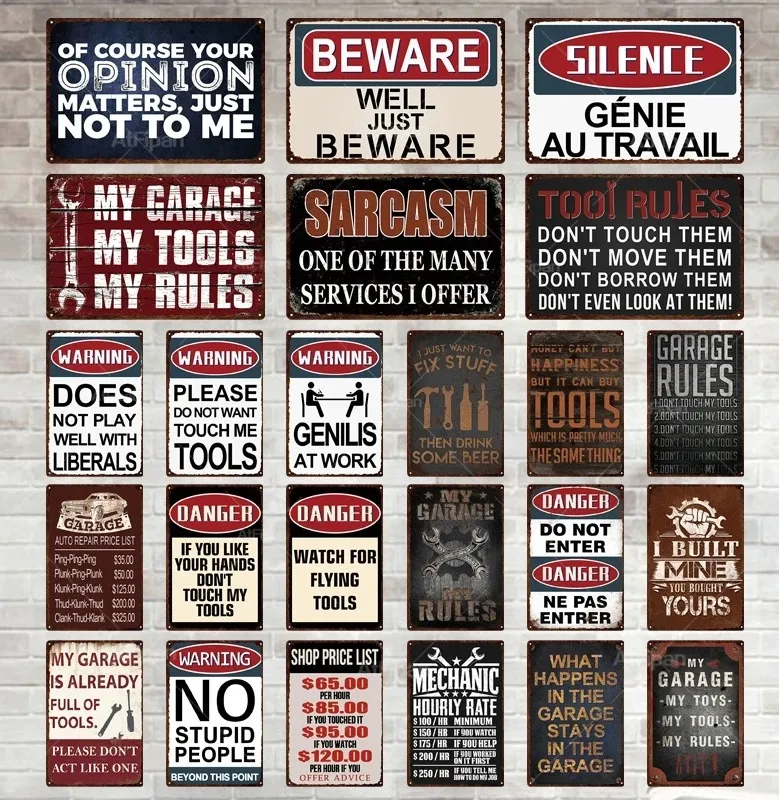 Panneau d'avertissement My Garage Rules Tin Signs Beware Vintage Metal Sign Décoration for Garage Home Danger Mark Backyard Wall Decor Plaque Custom Art Decor 30X20CM w01