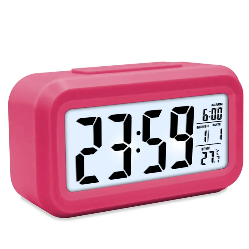 1pcs Plastic Mute Alarm Clock LCD Smart Clock Temperature Cute Photosensitive Bedside Digital Alarm Clock Snooze Nightlight Calendar