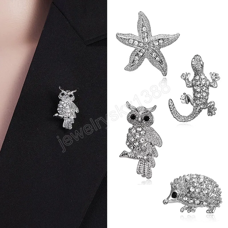 Rhinestone Retro Crystal Silver Color Animal Brooches for Women Romantic Wedding Rhinestone Party Owl Starfish Hedgehog Brooch Pin