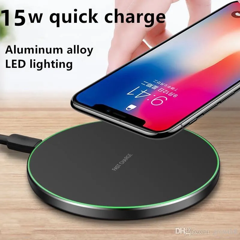 15W Qi Wireless Charger LED Light Ultra Metal Fast Charger Power Charging Pad Universal för iPhone X iPhone 8 Samsung Galaxy Note 8 S8 Plus