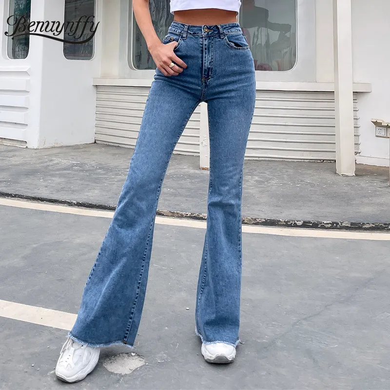 Femmes Jeans Benuynffy Bouton Fly Raw Hem Flare Automne Mode Femme Denim Pantalon Jean Femme Taille Haute Pleine Longueur Slim 230313