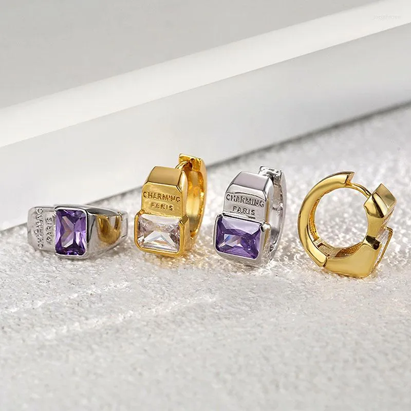 Hoop Earrings Top Quality Letter Style Square CZ Micro-set White Purple Diamond Buckle Circle For Women