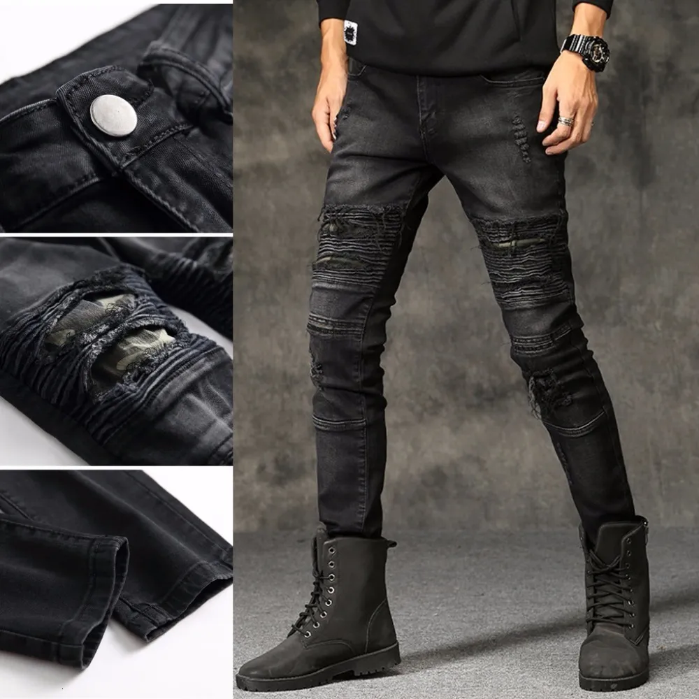 Jeans Homme Haute qualité hommes déchiré jean coton noir mince maigre moto jean hommes Vintage en détresse Denim jean Hiphop pantalon 230313