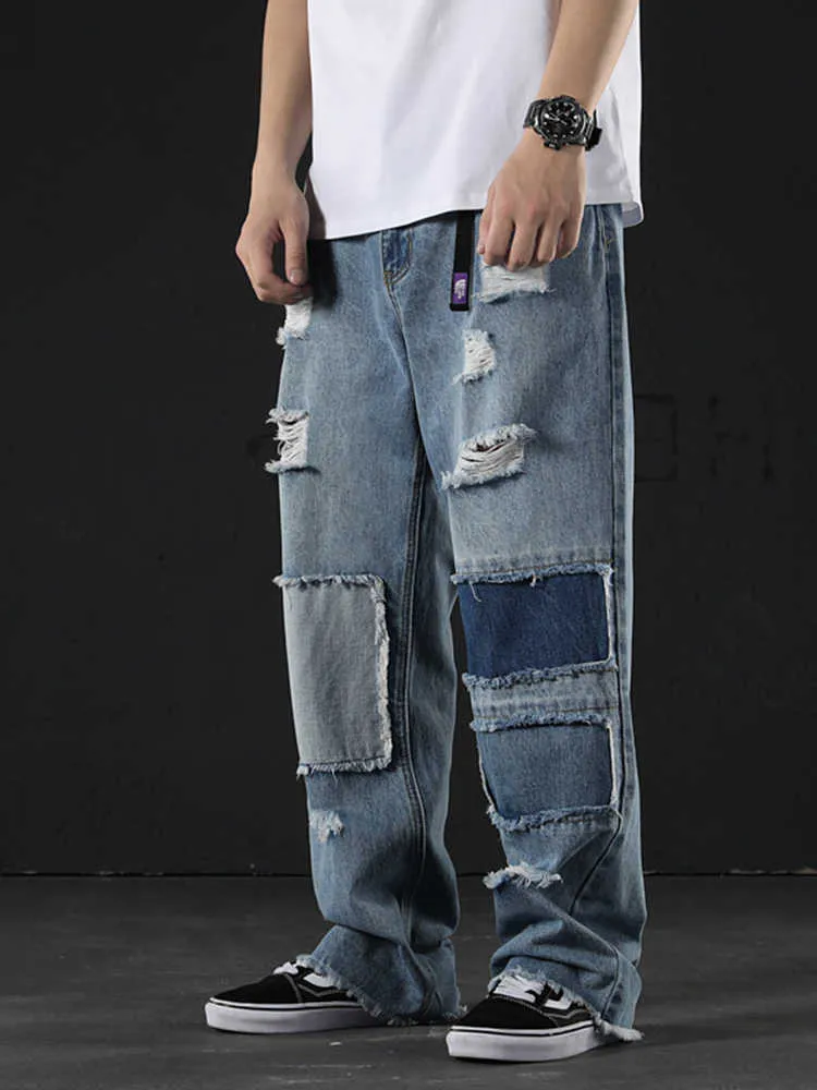 Mäns jeans houzhou rippade patchkläder nödställda jeans byxor män hip hop punk blå denim byxor manlig överdimensionerad vintage japansk streetwear z0301