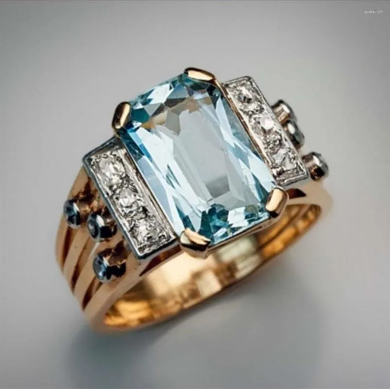 Bröllopsringar Kvinna Enkel vintage Vatten Blue Crystal One Ring Charm Yellow Gold Color for Women Bride Stone Engagement
