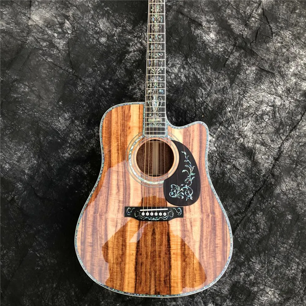 41 inches gesneden Koa Wood akoestische gitaar, ebbenhouten toets, echte abalone inlegging en binding