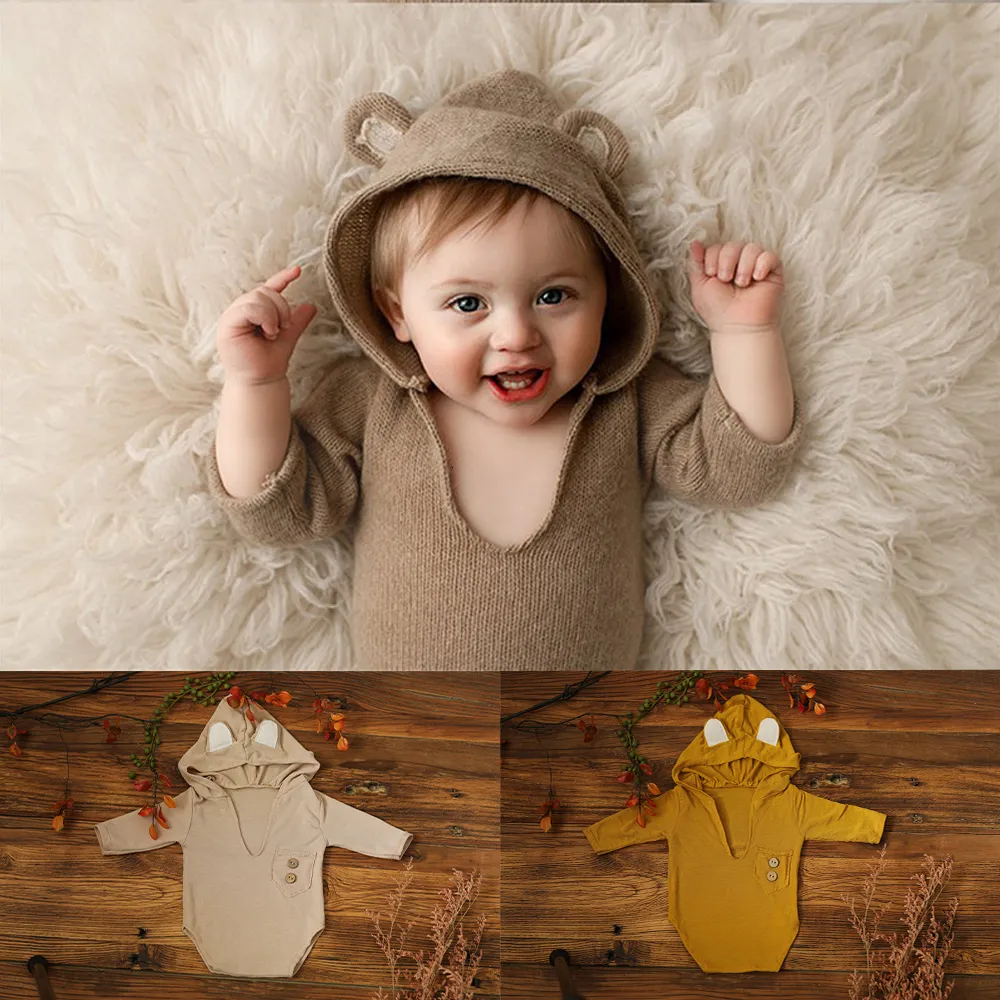 CAPS HATS 1 Set Soft Elastic Baby Hooded Bodysuit Born Pography Props for Baby Po Shoot Bebe Knit Sleeved Outfit Accessories 230313