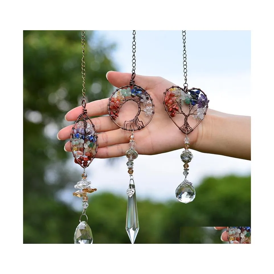 Jewelry Yoga Healing Spiritual Home Window Wall Hanging Pendant Decor Tree Of Life Hang Chakra Stone Prism Natural Crystal Charm Orn Dhsak